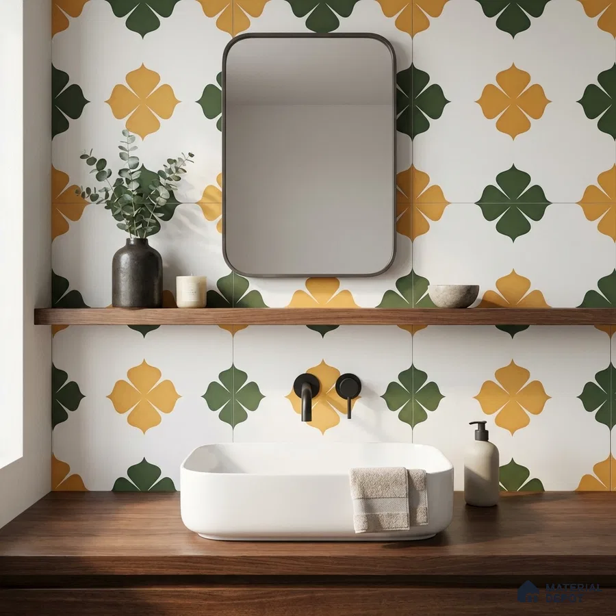 Modern bathroom with green and mustard patterned wall tiles and walnut wood countertop