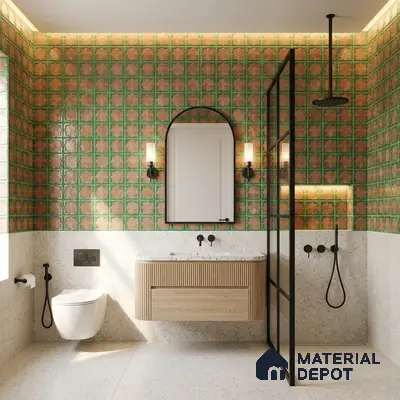 Modern bathroom with green and terracotta moroccan wall tiles, terrazzo floor, and fluted wood vanity