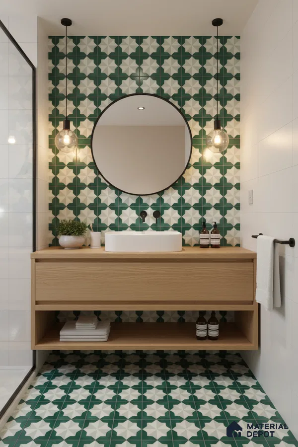 Modern bathroom with green and white geometric patterned tiles and light oak vanity in Bengaluru | Material Depot