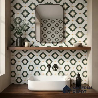 Modern bathroom with green and white moroccan patterned wall tiles and walnut wood countertop