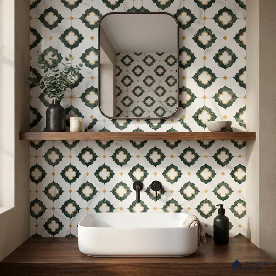 Modern bathroom with green and white moroccan patterned wall tiles and walnut wood countertop