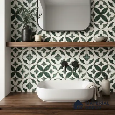 Modern bathroom with green and white patterned wall tiles and walnut wood vanity
