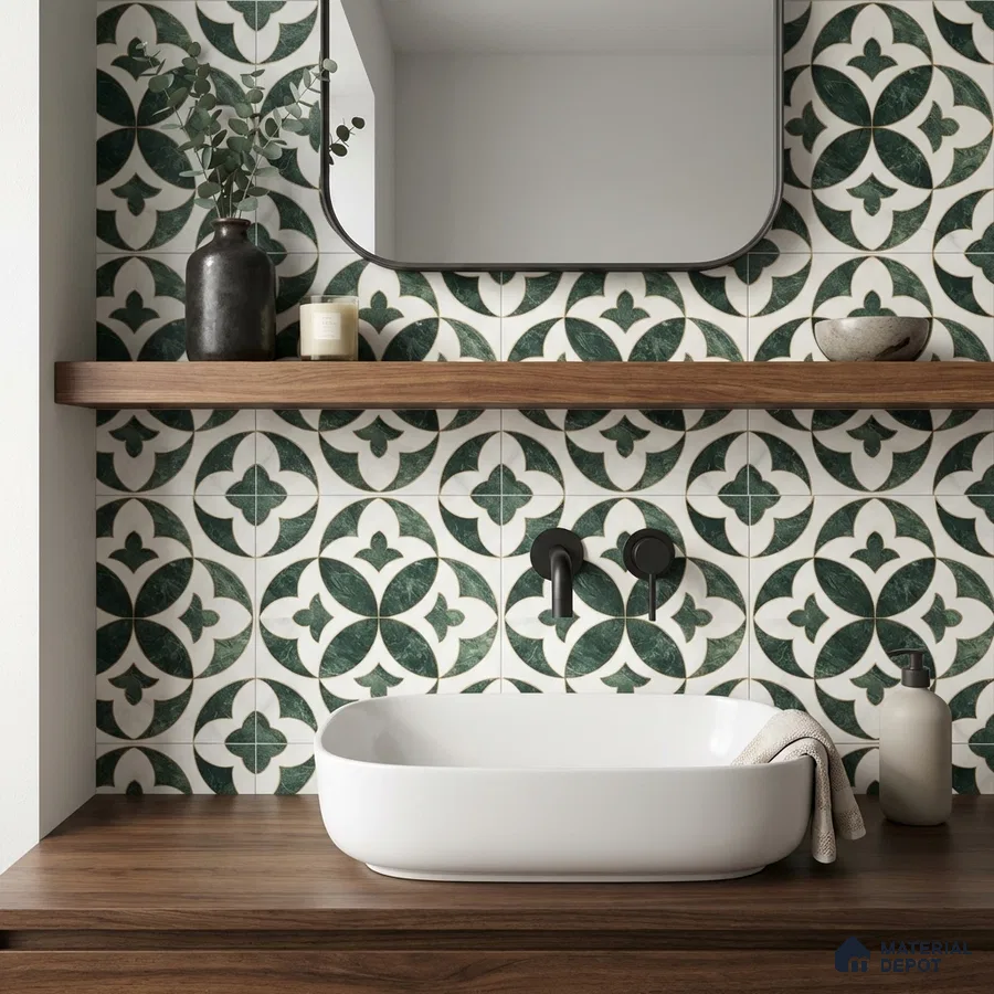 Modern bathroom with green and white patterned wall tiles and walnut wood vanity