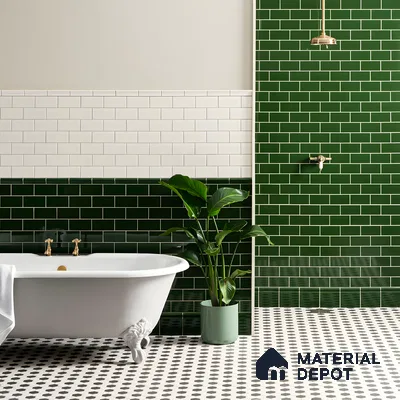 Modern Bathroom with Green and White Subway Tiles | Material Depot