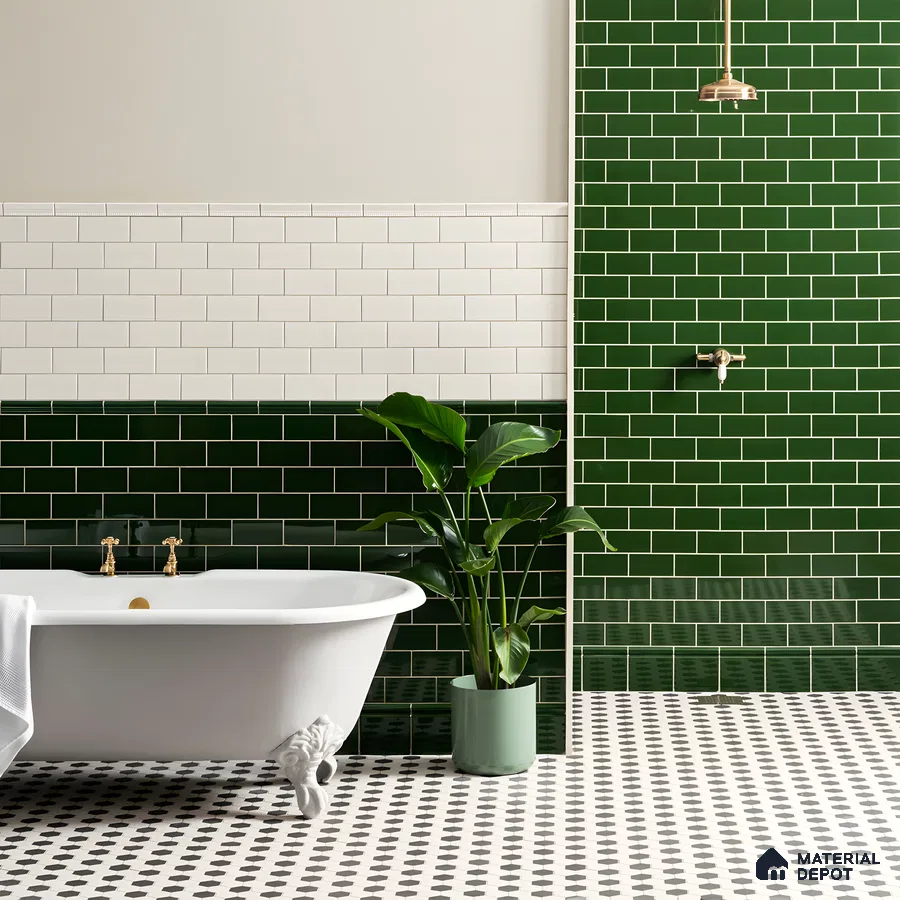 Modern Bathroom with Green and White Subway Tiles | Material Depot