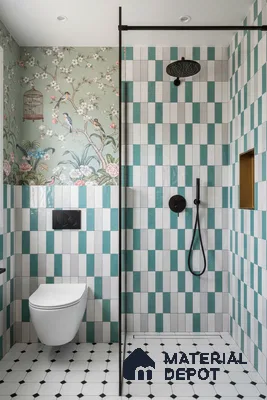 Modern bathroom with green and white vertical subway wall tiles, floral chinoiserie wallpaper, and black-and-white geometric floor tiles | Material Depot