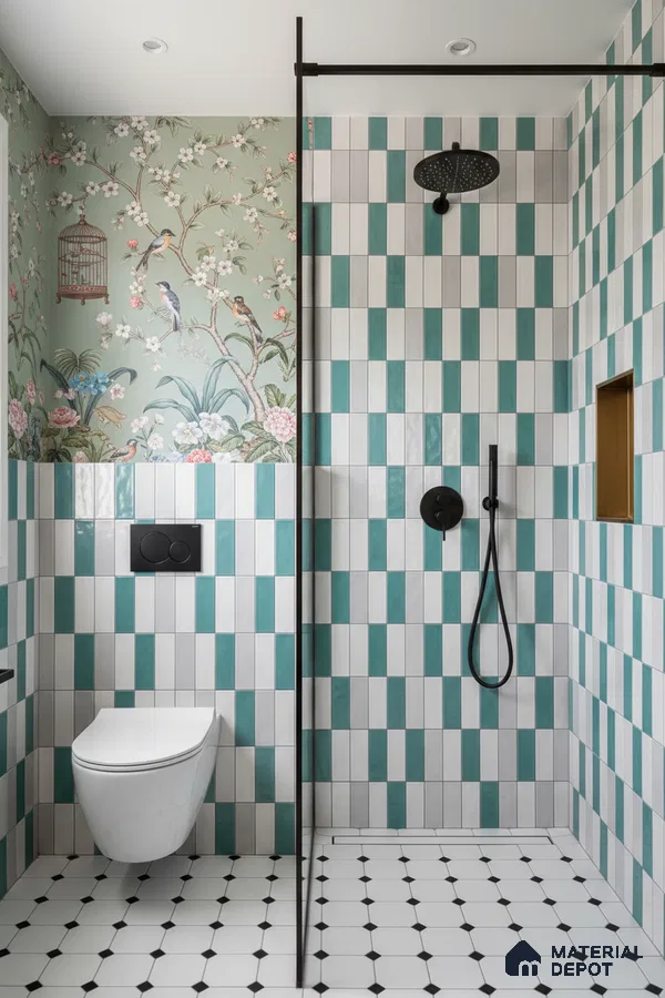Modern bathroom with green and white vertical subway wall tiles, floral chinoiserie wallpaper, and black-and-white geometric floor tiles | Material Depot