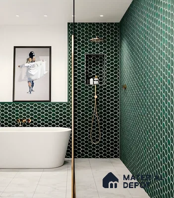 Modern Bathroom with Green Fish Scale Tiles | Material Depot