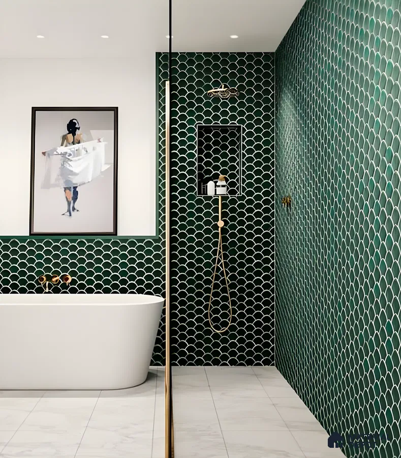 Modern Bathroom with Green Fish Scale Tiles | Material Depot