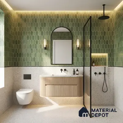 Modern bathroom with green fish scale wall tiles and terrazzo floor and wall tiles
