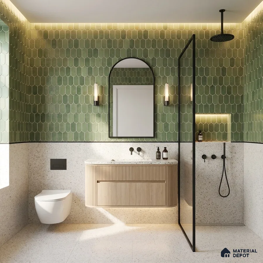 Modern bathroom with green fish scale wall tiles and terrazzo floor and wall tiles