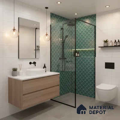 Modern bathroom with green fish scale wall tiles, white wall tiles, and wood floating vanity | Material Depot