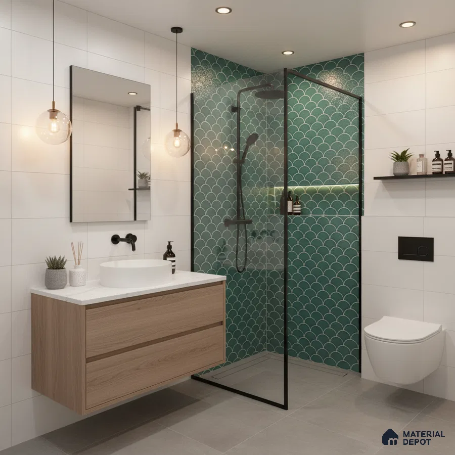 Modern bathroom with green fish scale wall tiles, white wall tiles, and wood floating vanity | Material Depot