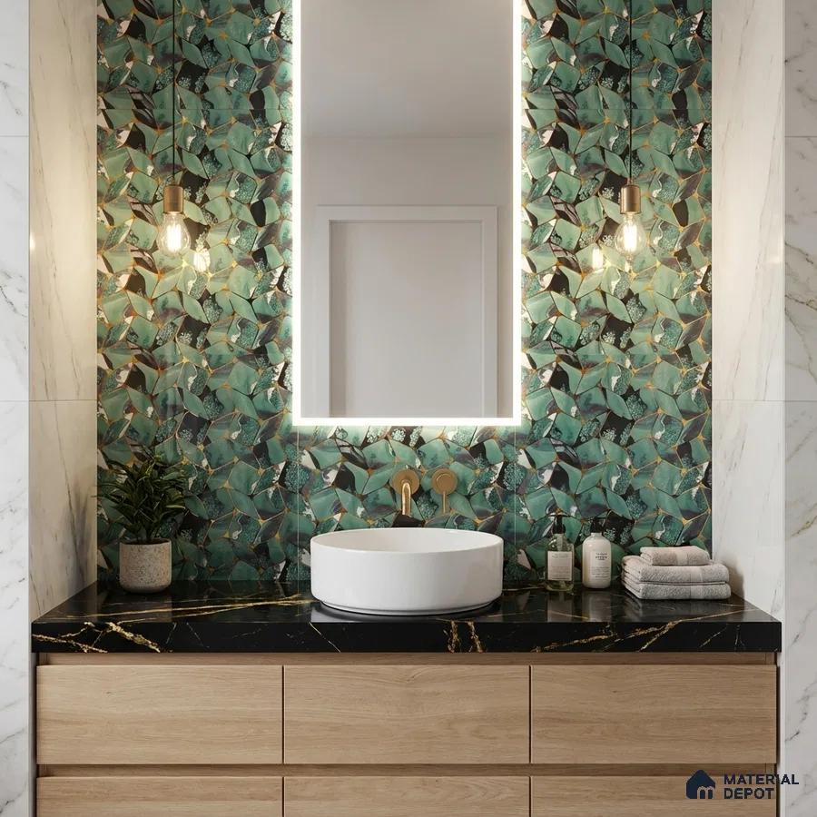 Modern bathroom with green floral highlighter wall tile, black marble countertop, and light oak laminate vanity
