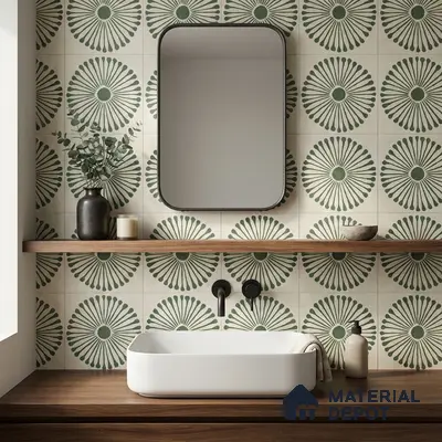 Modern bathroom with green floral patterned wall tiles and walnut wood vanity