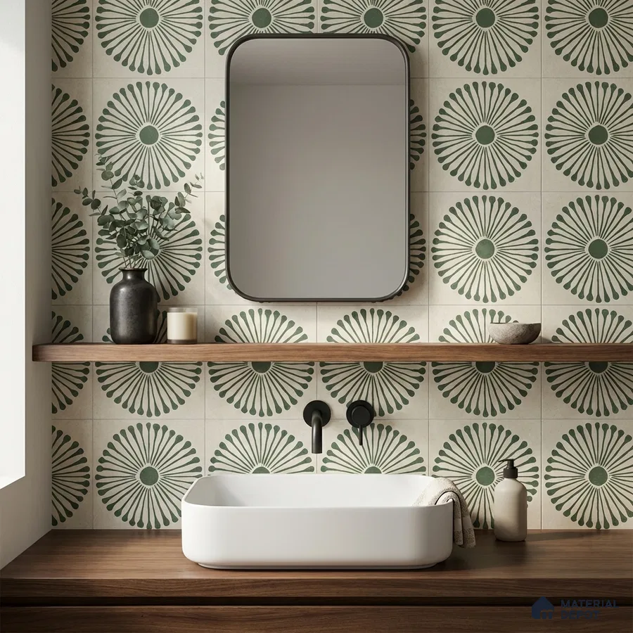 Modern bathroom with green floral patterned wall tiles and walnut wood vanity