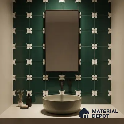 Modern bathroom with green floral patterned wall tiles and white countertop basin
