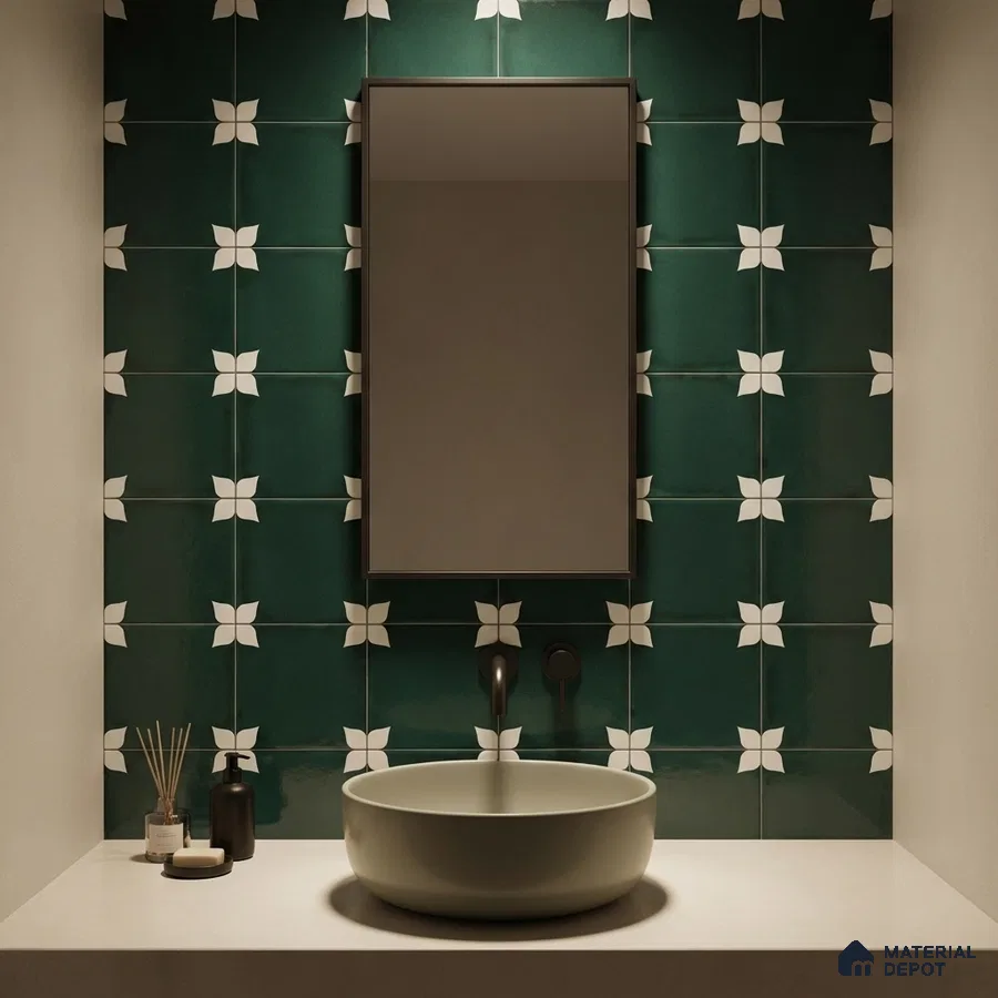 Modern bathroom with green floral patterned wall tiles and white countertop basin