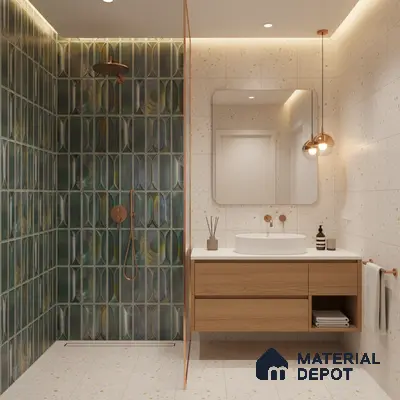 Modern bathroom with green geometric highlighter wall tile, terrazzo wall and floor tile, and wood vanity | Material Depot