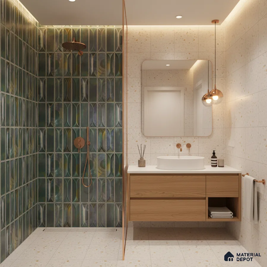 Modern bathroom with green geometric highlighter wall tile, terrazzo wall and floor tile, and wood vanity | Material Depot
