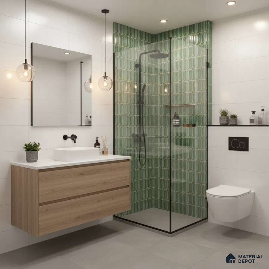 Modern bathroom with green geometric highlighter wall tiles, white wall tiles, and wood laminate vanity | Material Depot