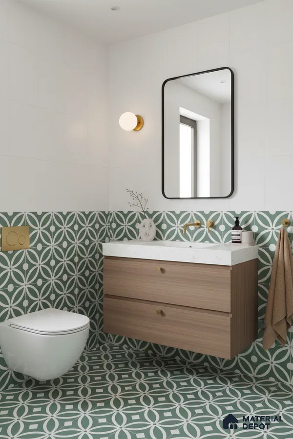 Modern bathroom with green geometric patterned tiles, white wall tiles, and wood vanity in Bengaluru | Material Depot