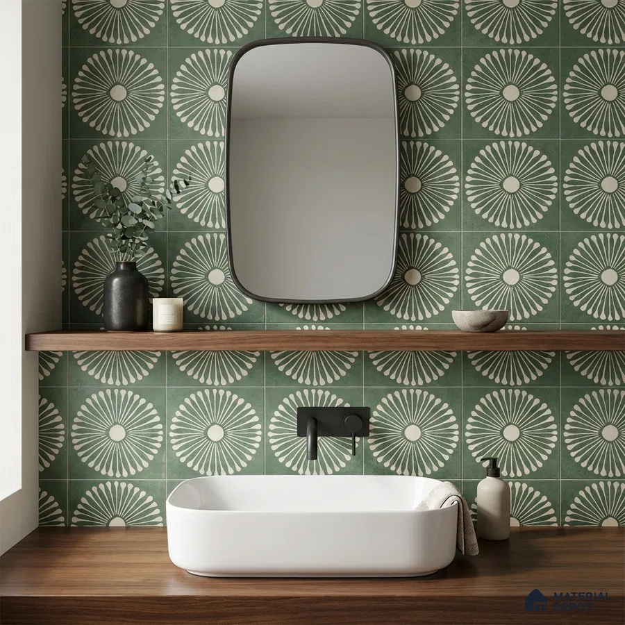 Modern bathroom with green geometric patterned wall tiles and walnut wood countertop