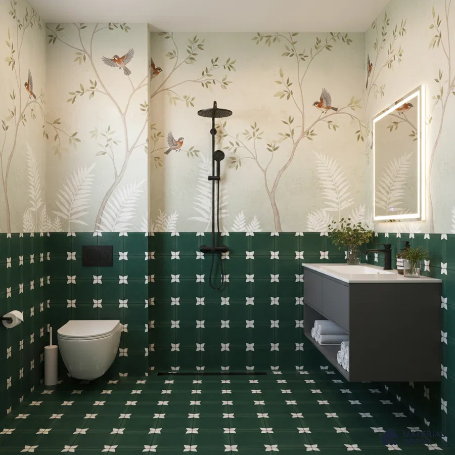 Modern bathroom with green geometric wall and floor tiles and nature-inspired wallpaper in Bengaluru | Material Depot