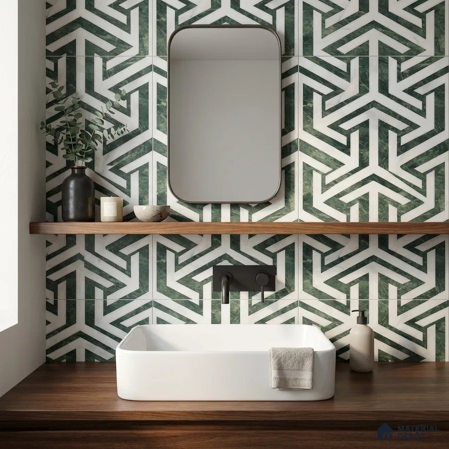 Modern bathroom with green geometric wall tiles and walnut wood countertop