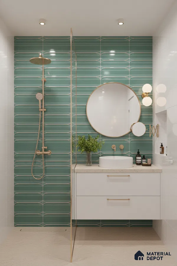 Modern bathroom with green geometric wall tiles, beige floor tile, and white floating vanity | Material Depot