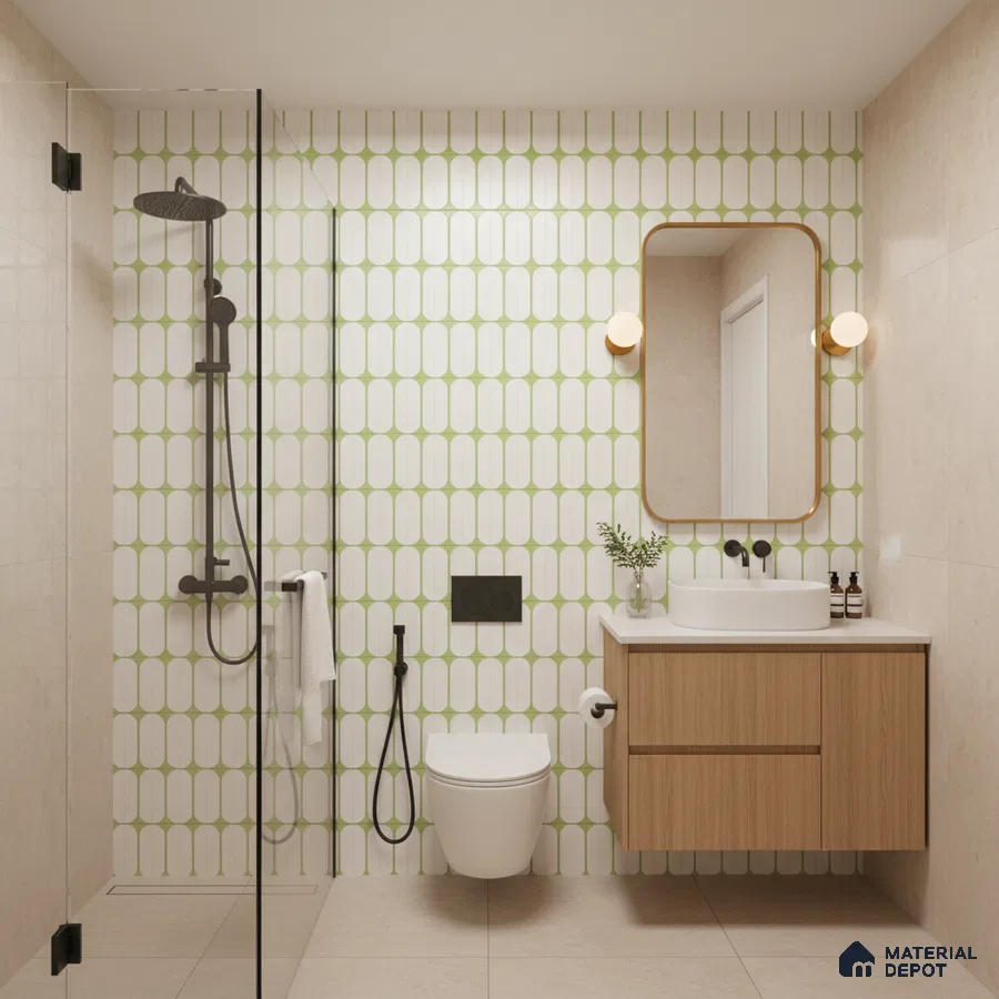 Modern bathroom with green geometric wall tiles, beige floor tiles, and wood laminate floating vanity | Material Depot