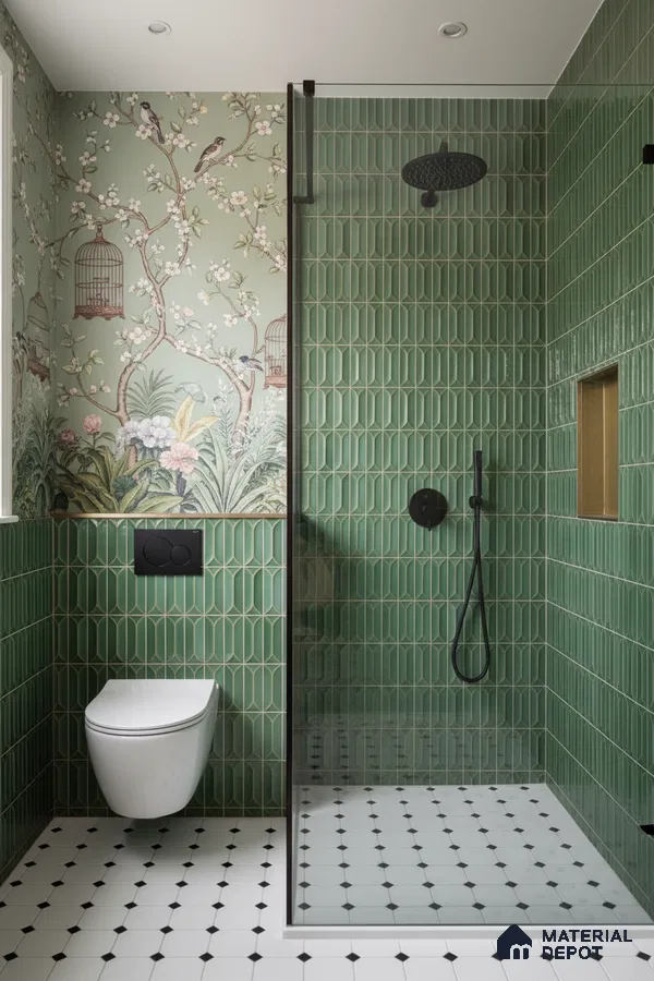 Modern bathroom with green geometric wall tiles, chinoiserie wallpaper, and black-and-white patterned floor tiles | Material Depot