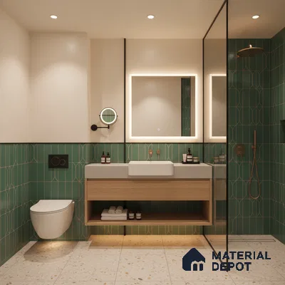 Modern bathroom with green geometric wall tiles, terrazzo floor tiles, and floating wood vanity | Material Depot