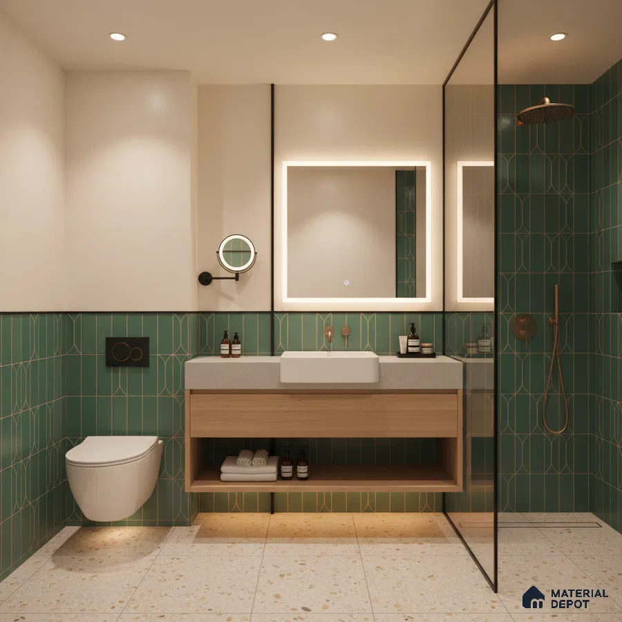 Modern bathroom with green geometric wall tiles, terrazzo floor tiles, and floating wood vanity | Material Depot