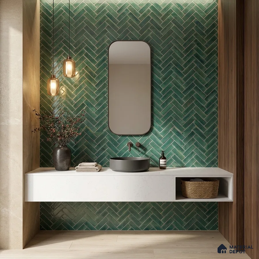 Modern bathroom with green herringbone subway wall tile and white quartz floating vanity