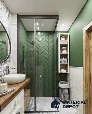 Modern Bathroom with Green Herringbone Tiles | Material Depot