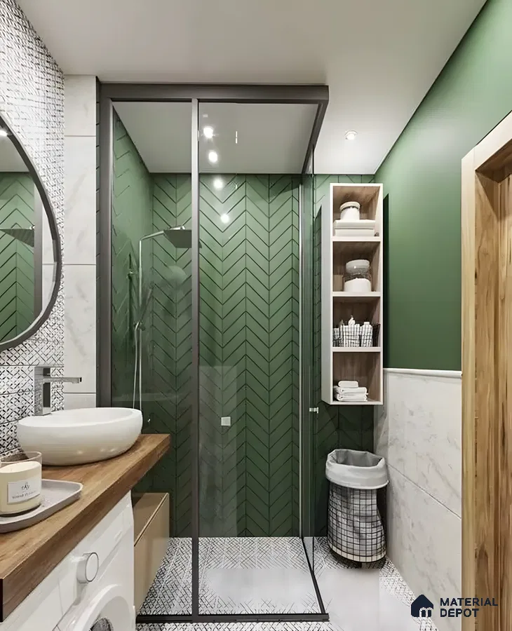 Modern Bathroom with Green Herringbone Tiles | Material Depot