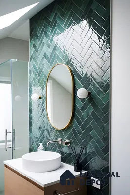Modern Bathroom with Green Herringbone Tiles | Material Depot