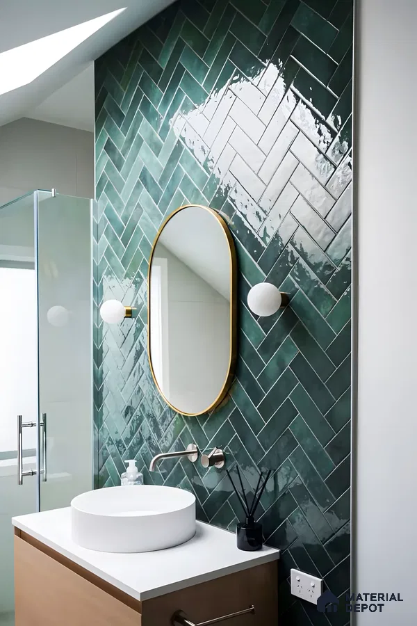 Modern Bathroom with Green Herringbone Tiles | Material Depot