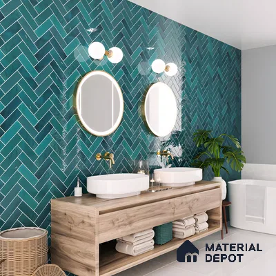 Modern Bathroom with Green Herringbone Tiles | Material Depot