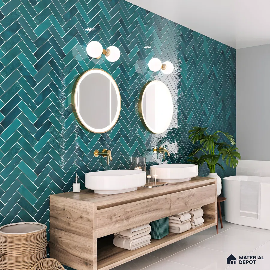 Modern Bathroom with Green Herringbone Tiles | Material Depot
