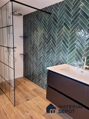 Modern Bathroom with Green Herringbone Tiles and Dark Brown Cabinetry | Material Depot