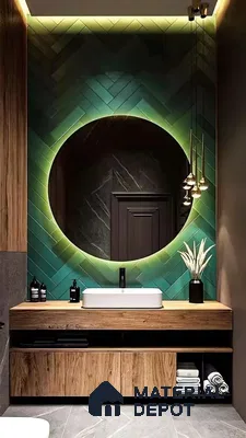Modern Bathroom with Green Herringbone Tiles | Material Depot