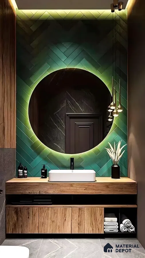 Modern Bathroom with Green Herringbone Tiles | Material Depot