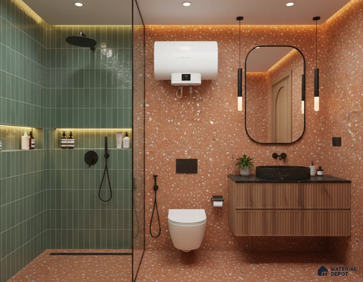Modern bathroom design with green kitkat subway wall tiles and terracotta terrazzo floor and wall tiles in Bengaluru | Material Depot