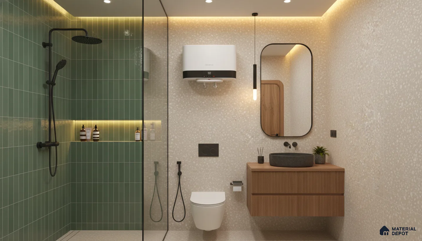 Modern bathroom design with green kitkat subway wall tiles, terrazzo wall and floor tiles, and fluted wood vanity in Bengaluru | Material Depot
