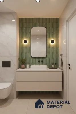 Modern bathroom with green kitkat wall tiles and marble-look wall tiles | Material Depot