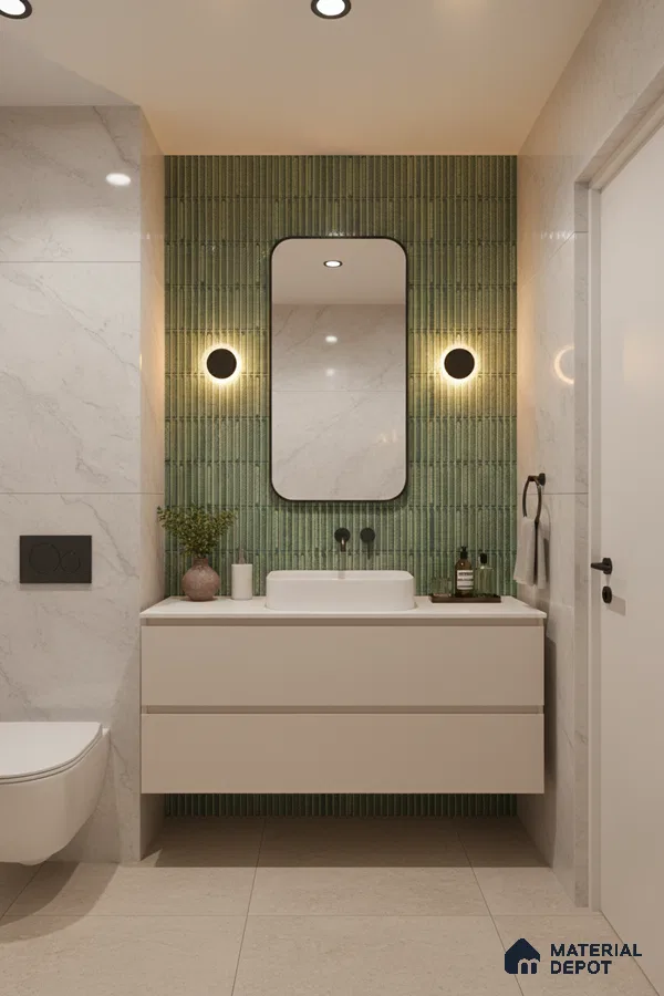 Modern bathroom with green kitkat wall tiles and marble-look wall tiles | Material Depot