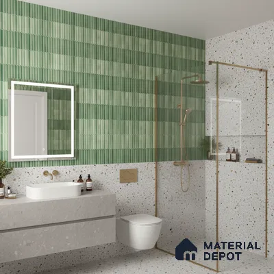 Modern bathroom with green kitkat wall tiles and terrazzo floor and wall tiles | Material Depot