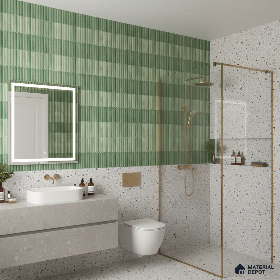 Modern bathroom with green kitkat wall tiles and terrazzo floor and wall tiles | Material Depot